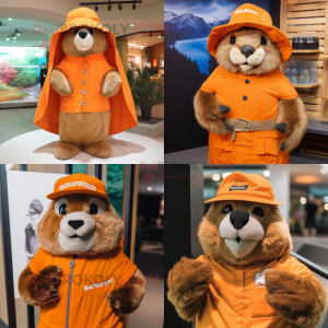Orange Marmot mascot costume character dressed with a Cover-up and Hats