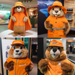 Orange Marmot mascot costume character dressed with a Cover-up and Hats