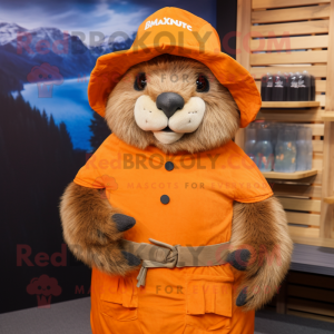 Orange Marmot mascot costume character dressed with a Cover-up and Hats