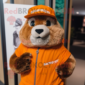 Orange Marmot mascot costume character dressed with a Cover-up and Hats