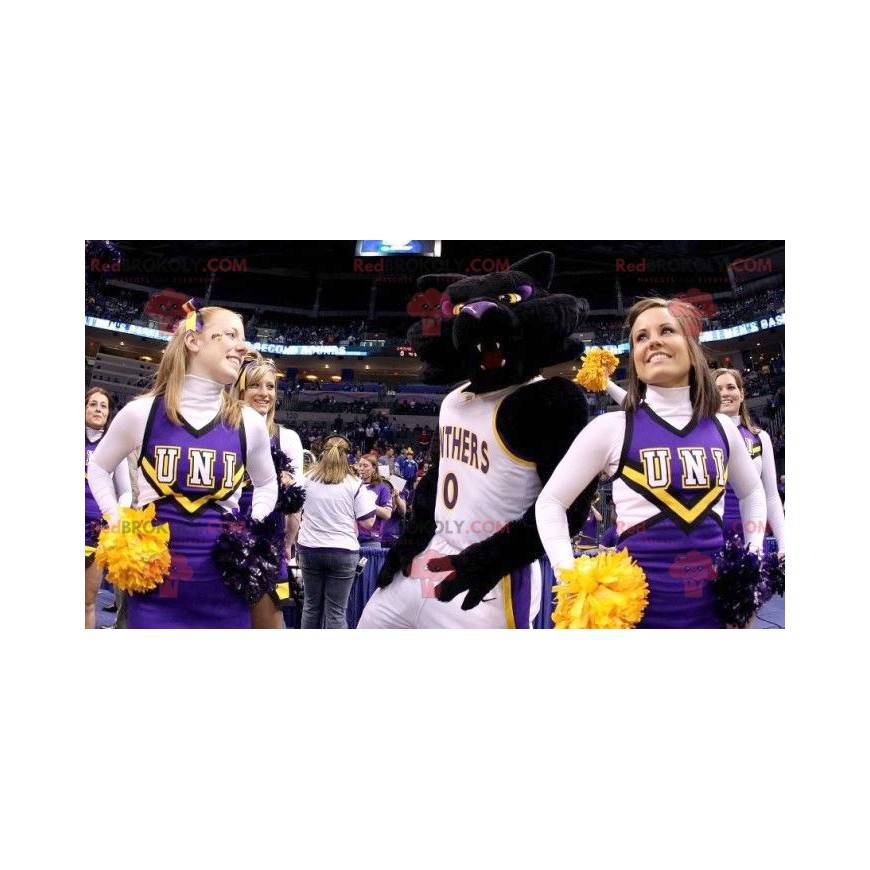 Mascotte de chat noir et violet en tenue de sport -
