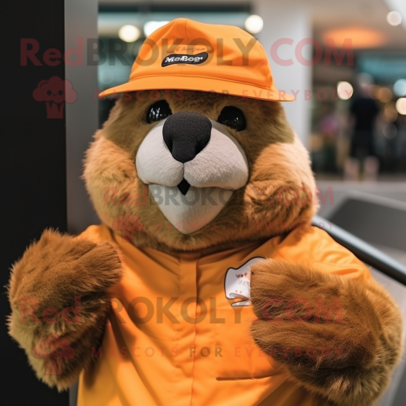 Orange Marmot mascot costume character dressed with a Cover-up and Hats Orange Marmot mascot costume character dressed with a Cover-up and Hats