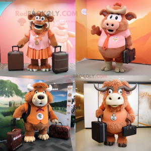 Peach Bison mascot costume character dressed with a Wrap Skirt and Briefcases