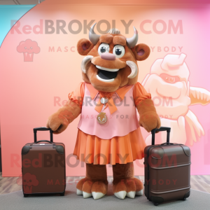 Peach Bison mascot costume character dressed with a Wrap Skirt and Briefcases