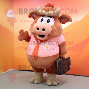 Peach Bison mascot costume character dressed with a Wrap Skirt and Briefcases