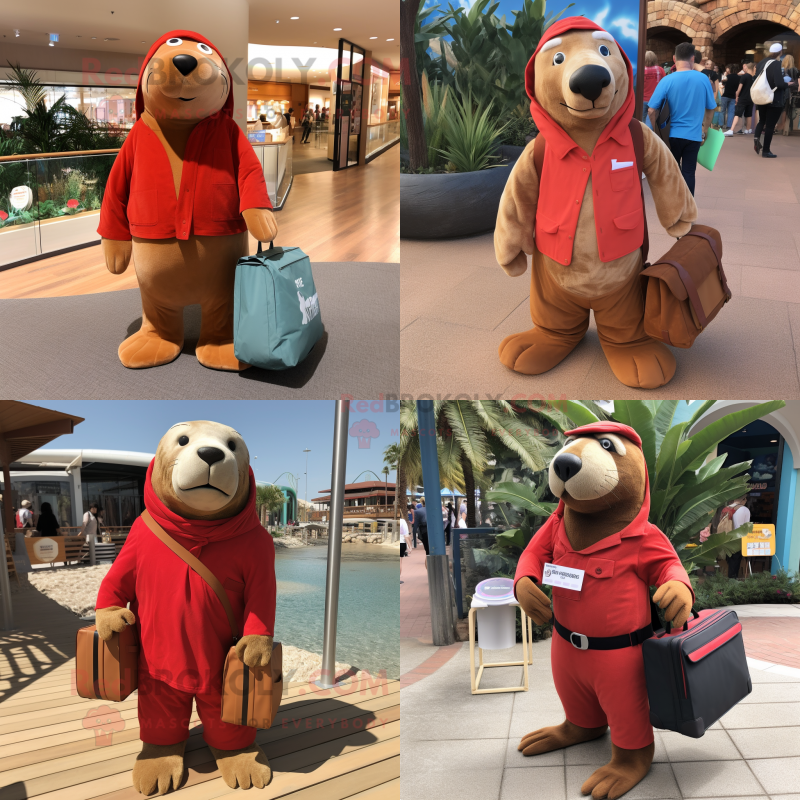Red Sea Lion mascot costume character dressed with a Corduroy Pants and Tote bags Red Sea Lion mascot costume character dressed with a Corduroy Pants and Tote bags