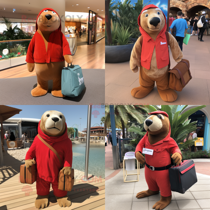 Red Sea Lion mascot costume character dressed with a Corduroy Pants and Tote bags