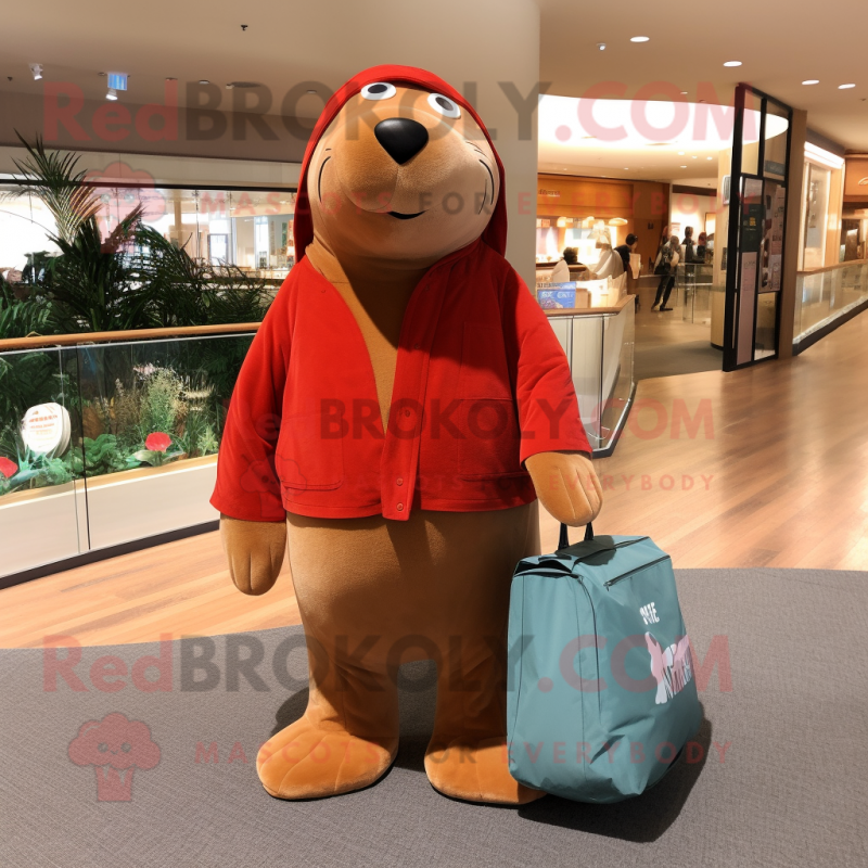 Red Sea Lion mascot costume character dressed with a Corduroy Pants and Tote bags