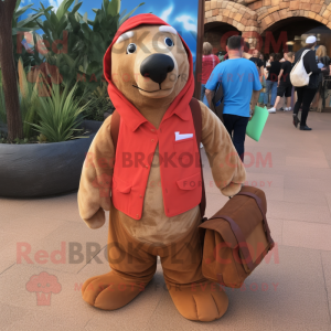 Red Sea Lion mascot costume character dressed with a Corduroy Pants and Tote bags