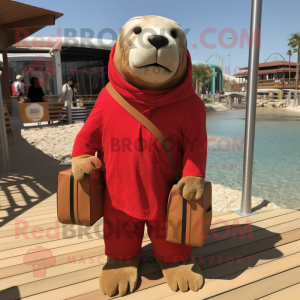 Red Sea Lion mascot costume character dressed with a Corduroy Pants and Tote bags