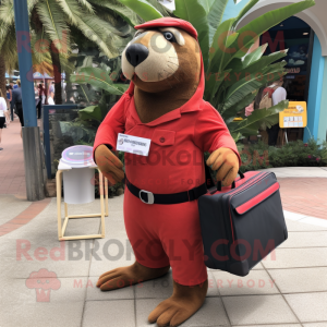 Red Sea Lion mascot costume character dressed with a Corduroy Pants and Tote bags