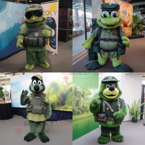 Green Navy Seal mascot costume character dressed with a A-Line Skirt and Backpacks