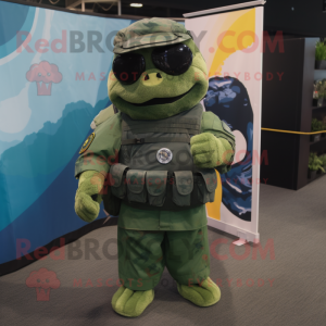 Green Navy Seal mascot costume character dressed with a A-Line Skirt and Backpacks