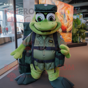 Green Navy Seal mascot costume character dressed with a A-Line Skirt and Backpacks