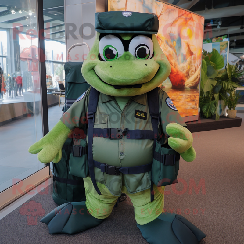 Green Navy Seal mascot costume character dressed with a A-Line Skirt and Backpacks Green Navy Seal mascot costume character dressed with a A-Line Skirt and Backpacks