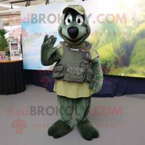 Green Navy Seal mascot costume character dressed with a A-Line Skirt and Backpacks