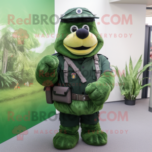 Green Navy Seal mascot costume character dressed with a A-Line Skirt and Backpacks