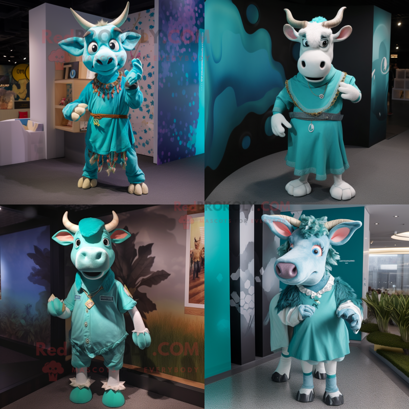 Teal Zebu mascot costume character dressed with a Playsuit and Anklets