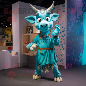 Teal Zebu mascot costume character dressed with a Playsuit and Anklets