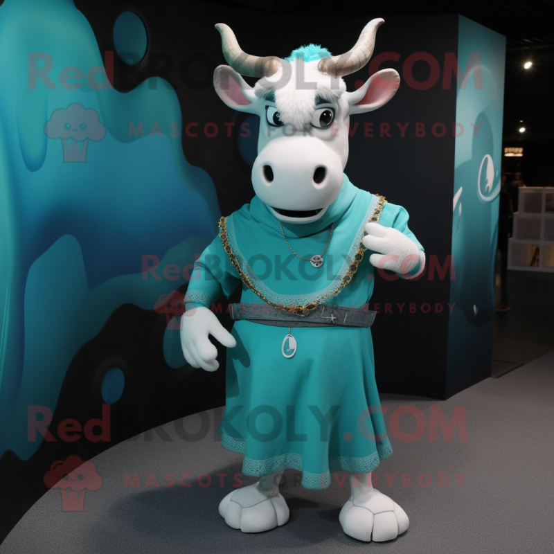 Teal Zebu mascot costume character dressed with a Playsuit and Anklets Teal Zebu mascot costume character dressed with a Playsuit and Anklets