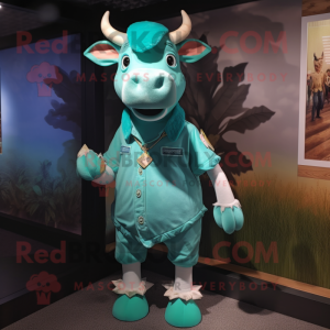Teal Zebu mascot costume character dressed with a Playsuit and Anklets