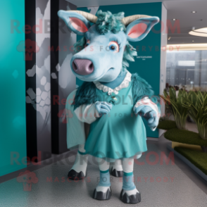 Teal Zebu mascot costume character dressed with a Playsuit and Anklets