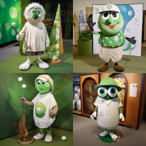Olive Golf Ball mascot costume character dressed with a Board Shorts and Shawl pins
