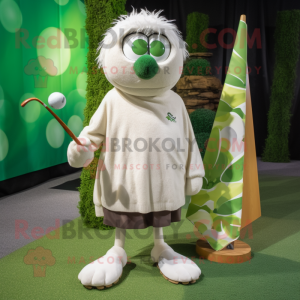 Olive Golf Ball mascot costume character dressed with a Board Shorts and Shawl pins