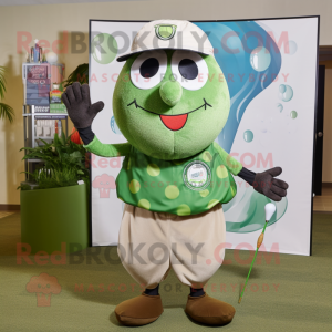 Olive Golf Ball mascot costume character dressed with a Board Shorts and Shawl pins