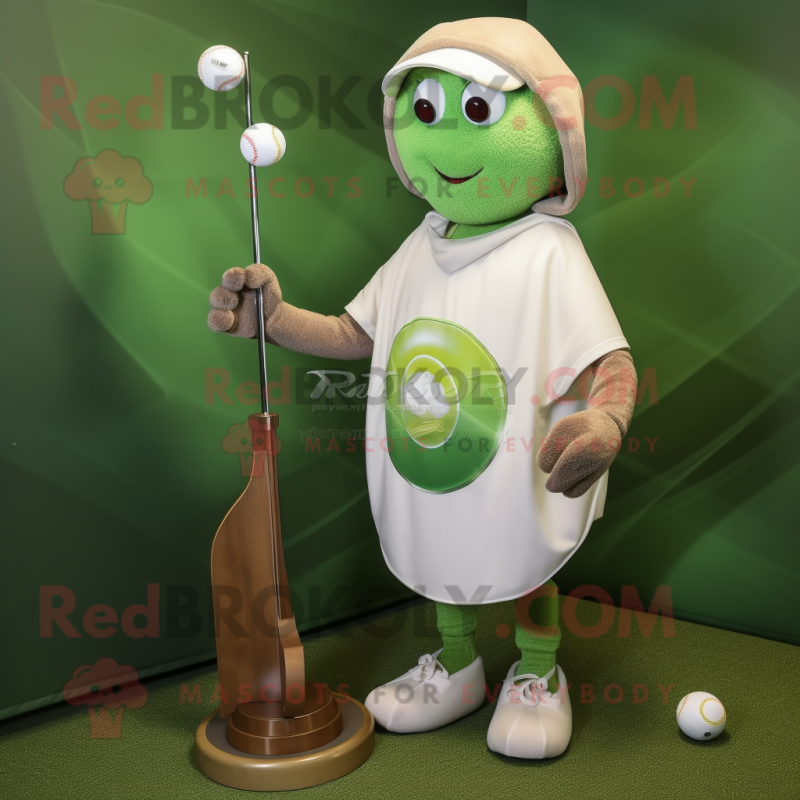 Olive Golf Ball mascot costume character dressed with a Board Shorts and Shawl pins