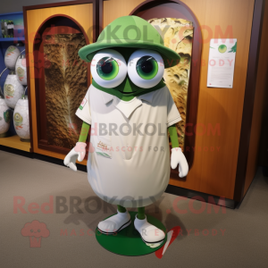 Olive Golf Ball mascot costume character dressed with a Board Shorts and Shawl pins