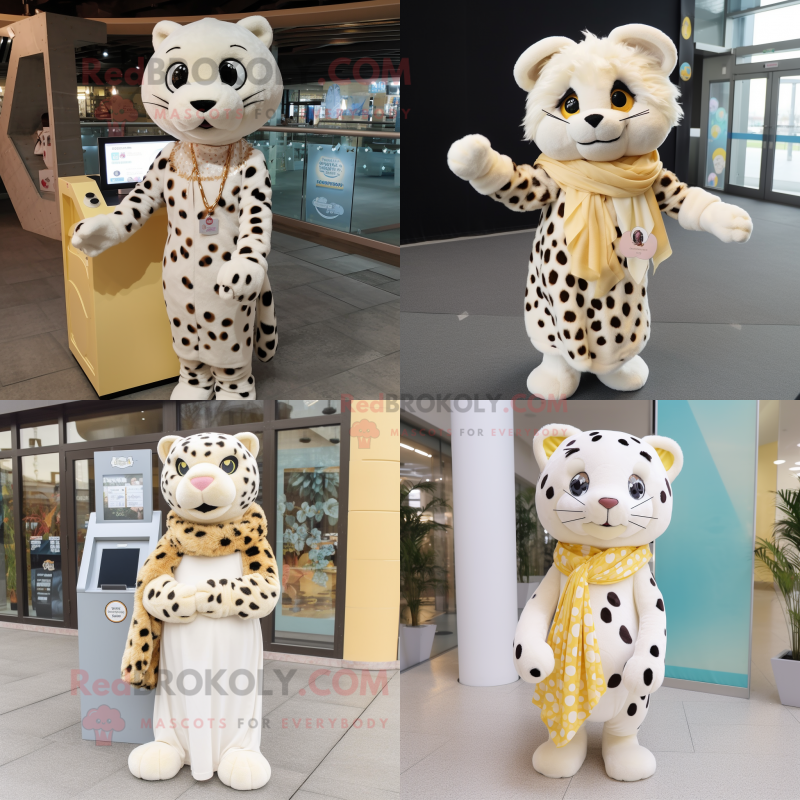 Cream Leopard mascot costume character dressed with a Midi Dress and Scarf clips Cream Leopard mascot costume character dressed with a Midi Dress and Scarf clips