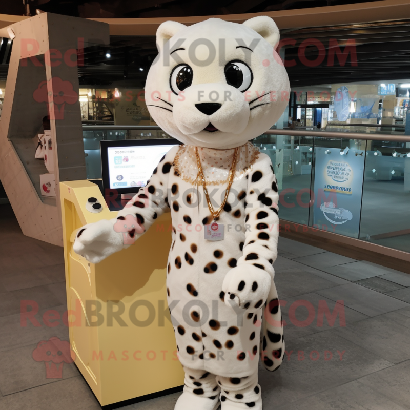 Cream Leopard mascot costume character dressed with a Midi Dress and Scarf clips