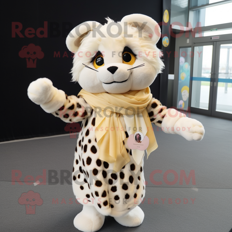 Cream Leopard mascot costume character dressed with a Midi Dress and Scarf clips