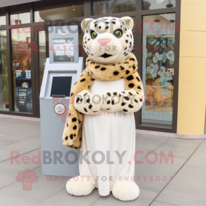 Cream Leopard mascot costume character dressed with a Midi Dress and Scarf clips