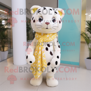 Cream Leopard mascot costume character dressed with a Midi Dress and Scarf clips
