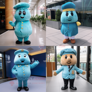 Cyan Potato mascot costume character dressed with a Dress Pants and Berets