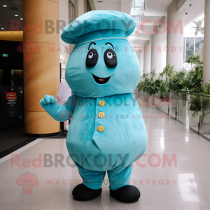 Cyan Potato mascot costume character dressed with a Dress Pants and Berets