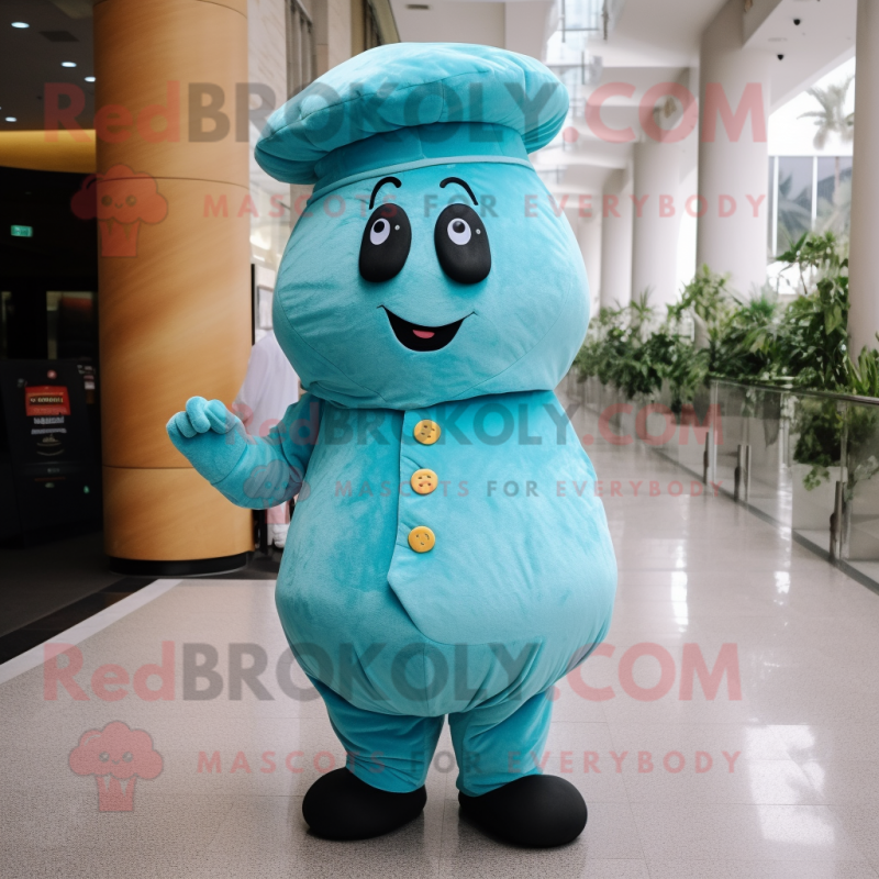 Cyan Potato mascot costume character dressed with a Dress Pants and Berets