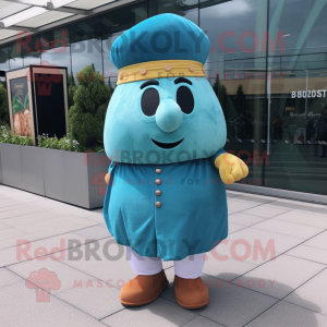 Cyan Potato mascot costume character dressed with a Dress Pants and Berets