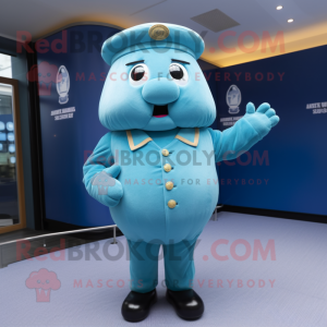 Cyan Potato mascot costume character dressed with a Dress Pants and Berets