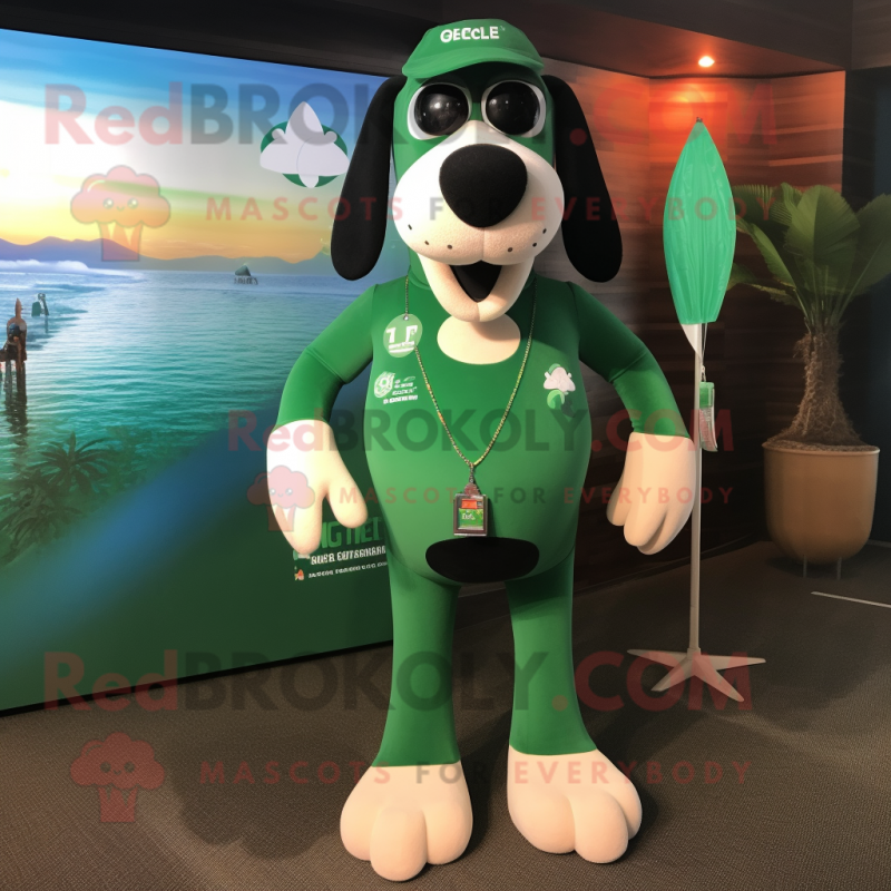 Forest Green Shepard'S Pie mascot costume character dressed with a One-Piece Swimsuit and Tie pins