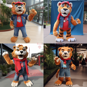 Red Saber-Toothed Tiger mascot costume character dressed with a Denim Shorts and Scarf clips