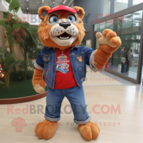 Red Saber-Toothed Tiger mascot costume character dressed with a Denim Shorts and Scarf clips