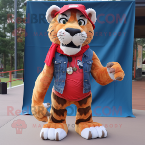 Red Saber-Toothed Tiger mascot costume character dressed with a Denim Shorts and Scarf clips