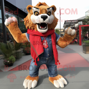 Red Saber-Toothed Tiger mascot costume character dressed with a Denim Shorts and Scarf clips