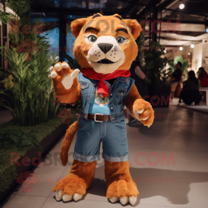 Red Saber-Toothed Tiger mascot costume character dressed with a Denim Shorts and Scarf clips