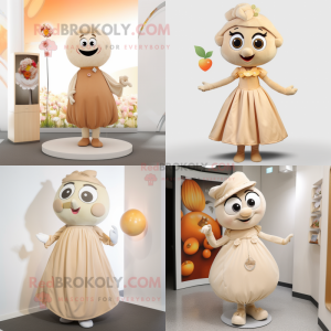 Beige Apricot mascot costume character dressed with a A-Line Dress and Brooches