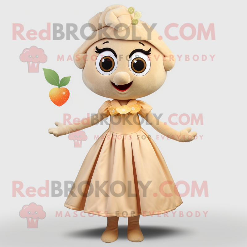 Beige Apricot mascot costume character dressed with a A-Line Dress and Brooches