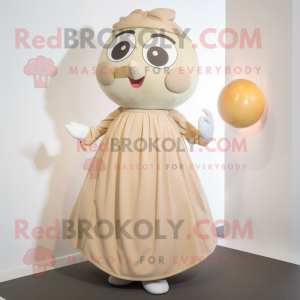 Beige Apricot mascot costume character dressed with a A-Line Dress and Brooches
